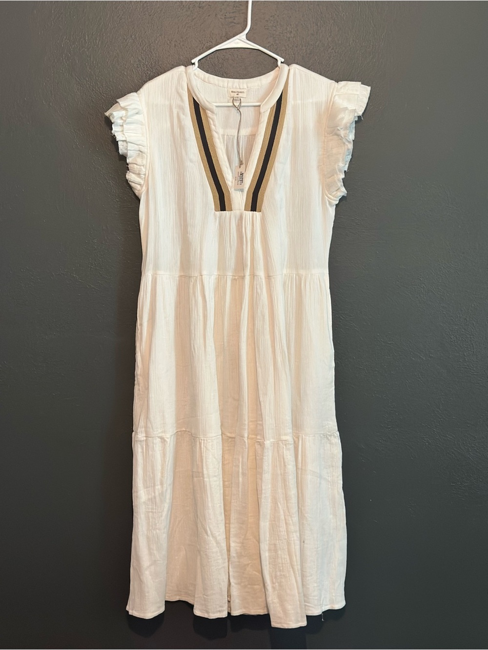 NWT World Market Cream Tiered Dress with Black and Tan Trim